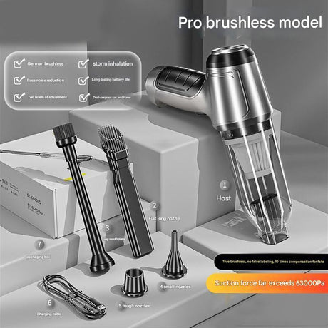 Pro brushless handheld vacuum cleaner with multiple nozzles, charging cable, and packaging box.