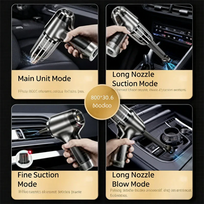 Handheld cordless vacuum cleaner for car with multiple nozzle and suction modes, shown in use on car seats, vents, and interior surfaces.