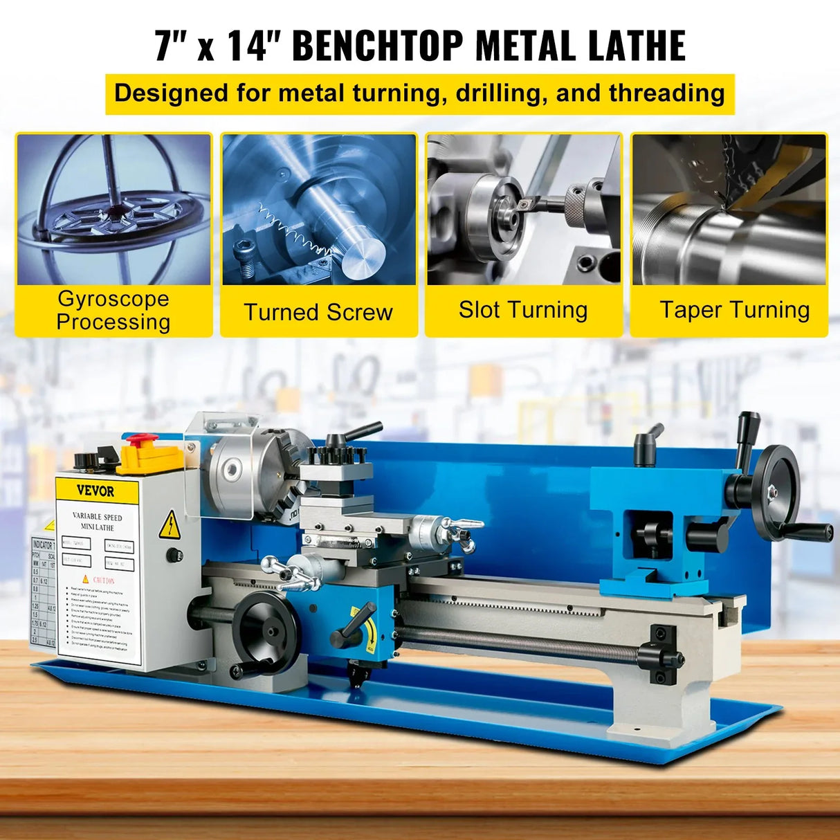 VEVOR 7"x14" Mini Metal Lathe 0-2500 RPM Variable Speed Benchtop