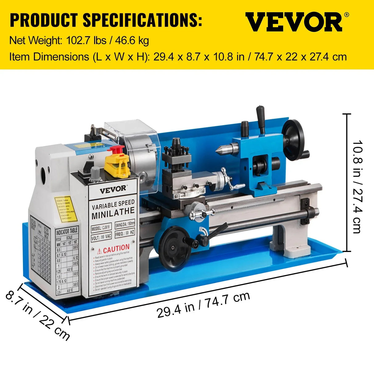 VEVOR 7"x14" Mini Metal Lathe 0-2500 RPM Variable Speed Benchtop