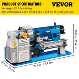 VEVOR 7"x14" Mini Metal Lathe 0-2500 RPM Variable Speed Benchtop