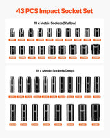 VEVOR 43pc Impact Socket Set 6-Point Metric 9-30mm Standard Deep