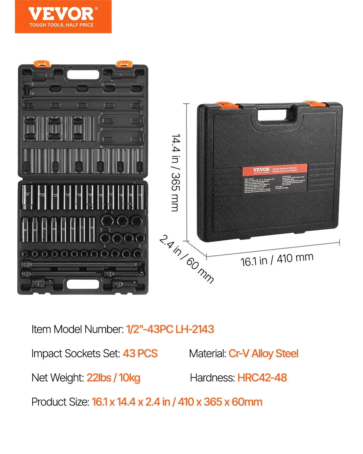 VEVOR 43pc Impact Socket Set 6-Point Metric 9-30mm Standard Deep