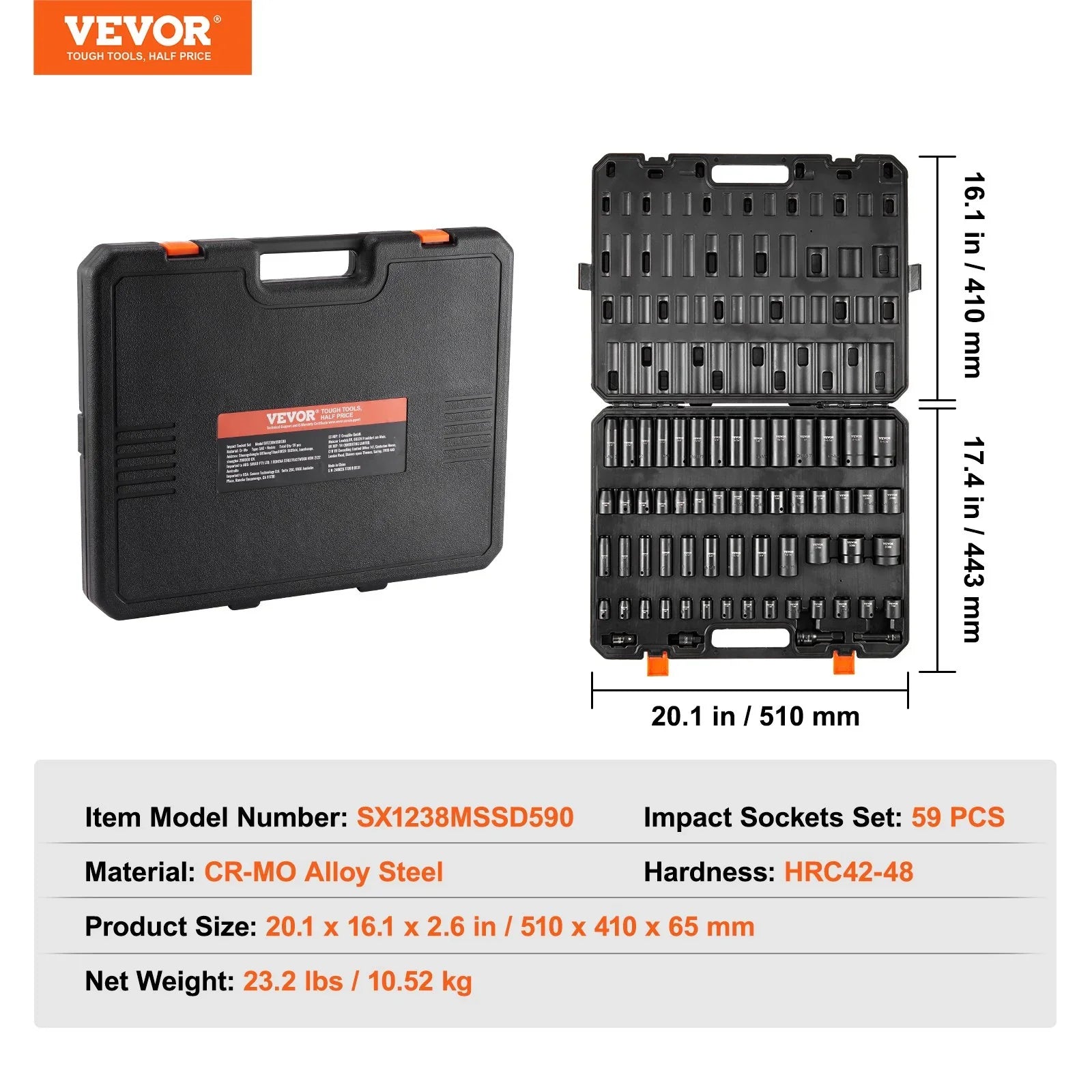 VEVOR 59pc Impact Socket Set 3/8