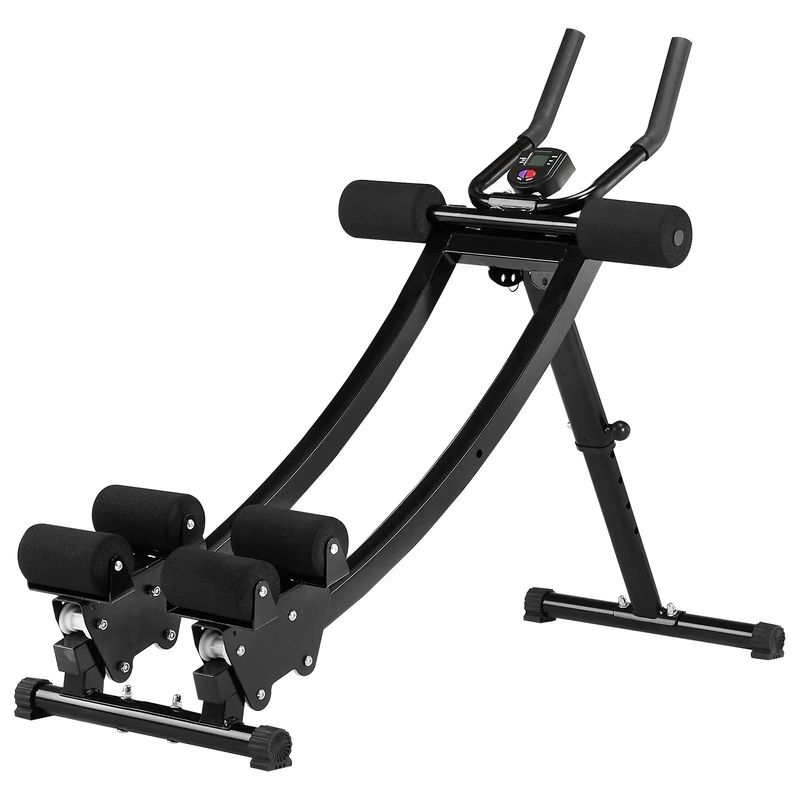 Black adjustable ab exercise machine with foam rollers and digital display on white background