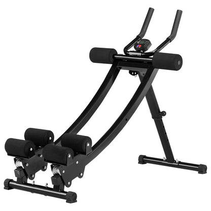 Black adjustable ab exercise machine with foam rollers and digital display on white background