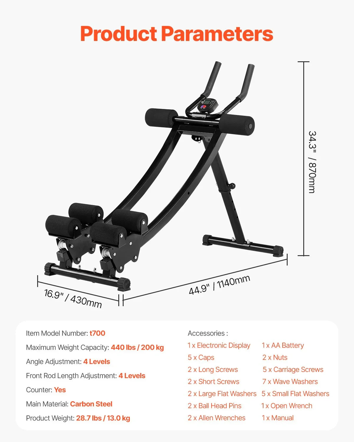 Adjustable ab exercise bench t700 with digital display, black carbon steel, product dimensions