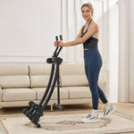 Woman exercising on stair stepper machine in living room, home fitness equipment