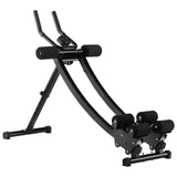 Black adjustable ab exercise machine with foam rollers and digital display on white background