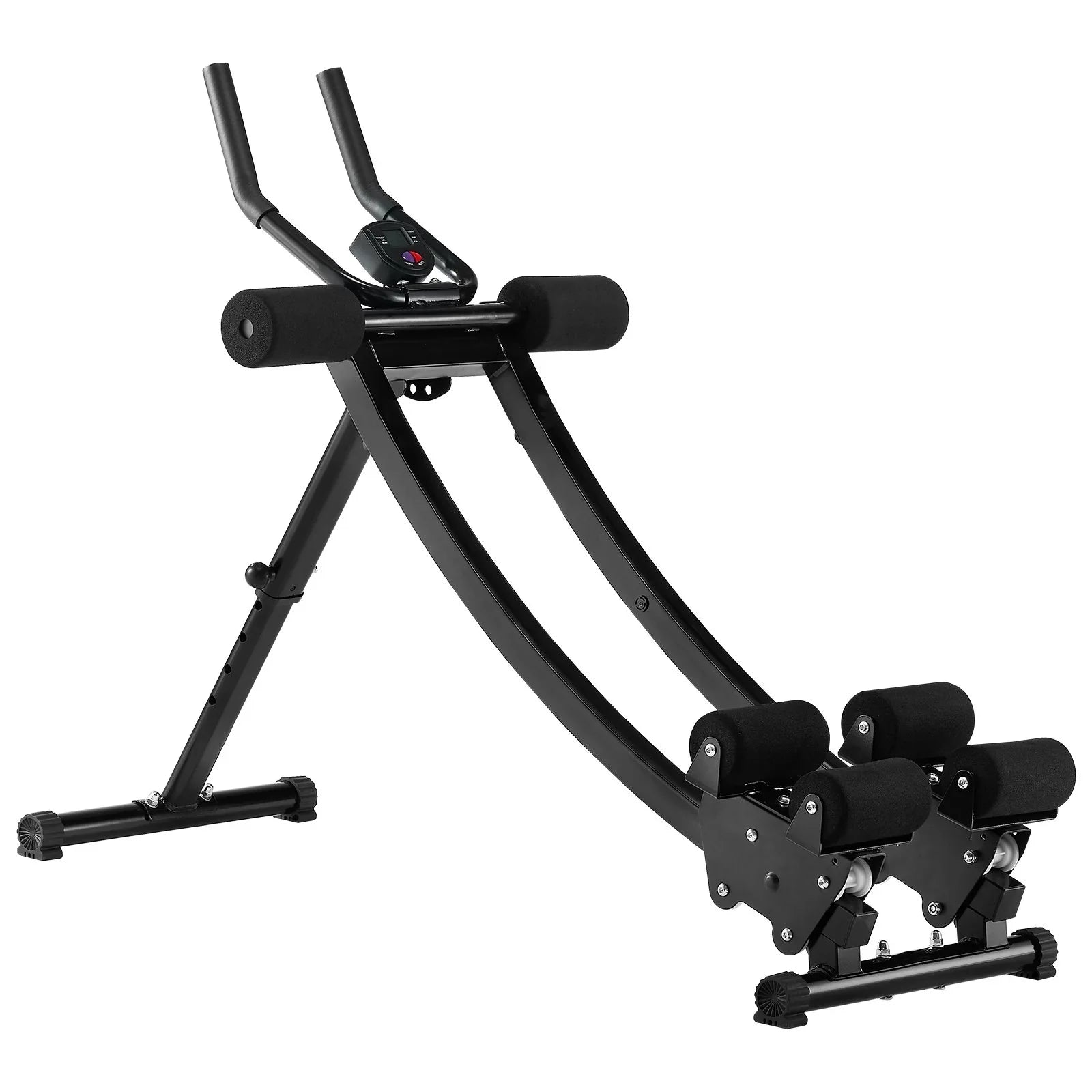 Black adjustable ab exercise machine with foam rollers and digital display on white background