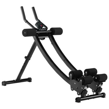 Black adjustable ab exercise machine with foam rollers and digital display on white background