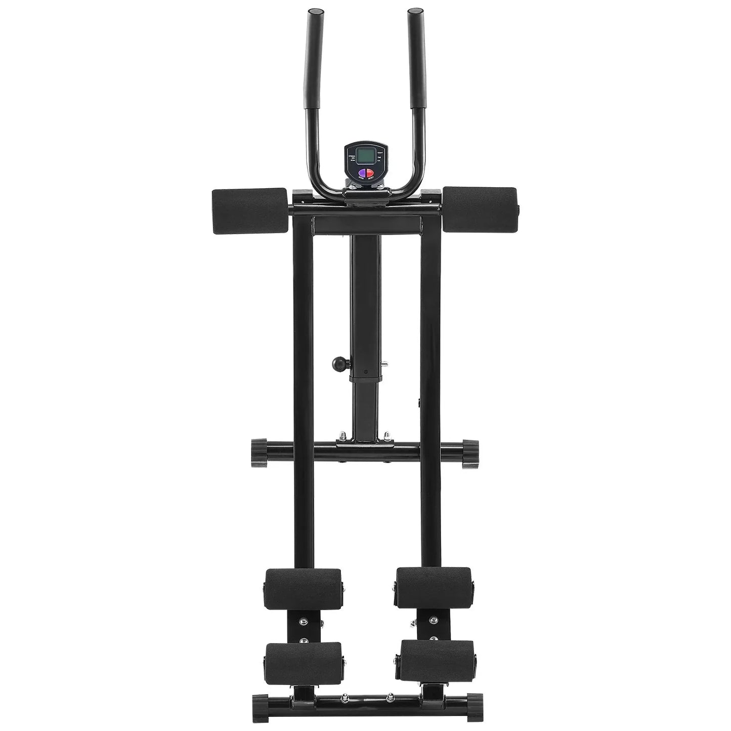 Black vertical ab exercise machine with foam rollers and digital display on white background
