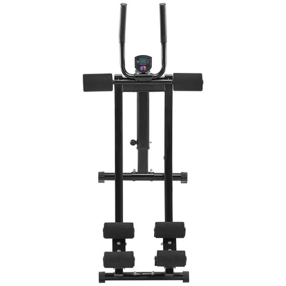 Black vertical ab exercise machine with foam rollers and digital display on white background