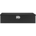 Black diamond plate aluminum truck bed tool box with silver latch and lock