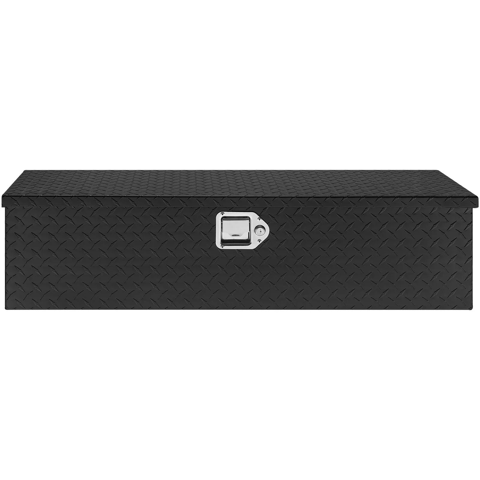 Black diamond plate aluminum truck bed tool box with silver latch and lock