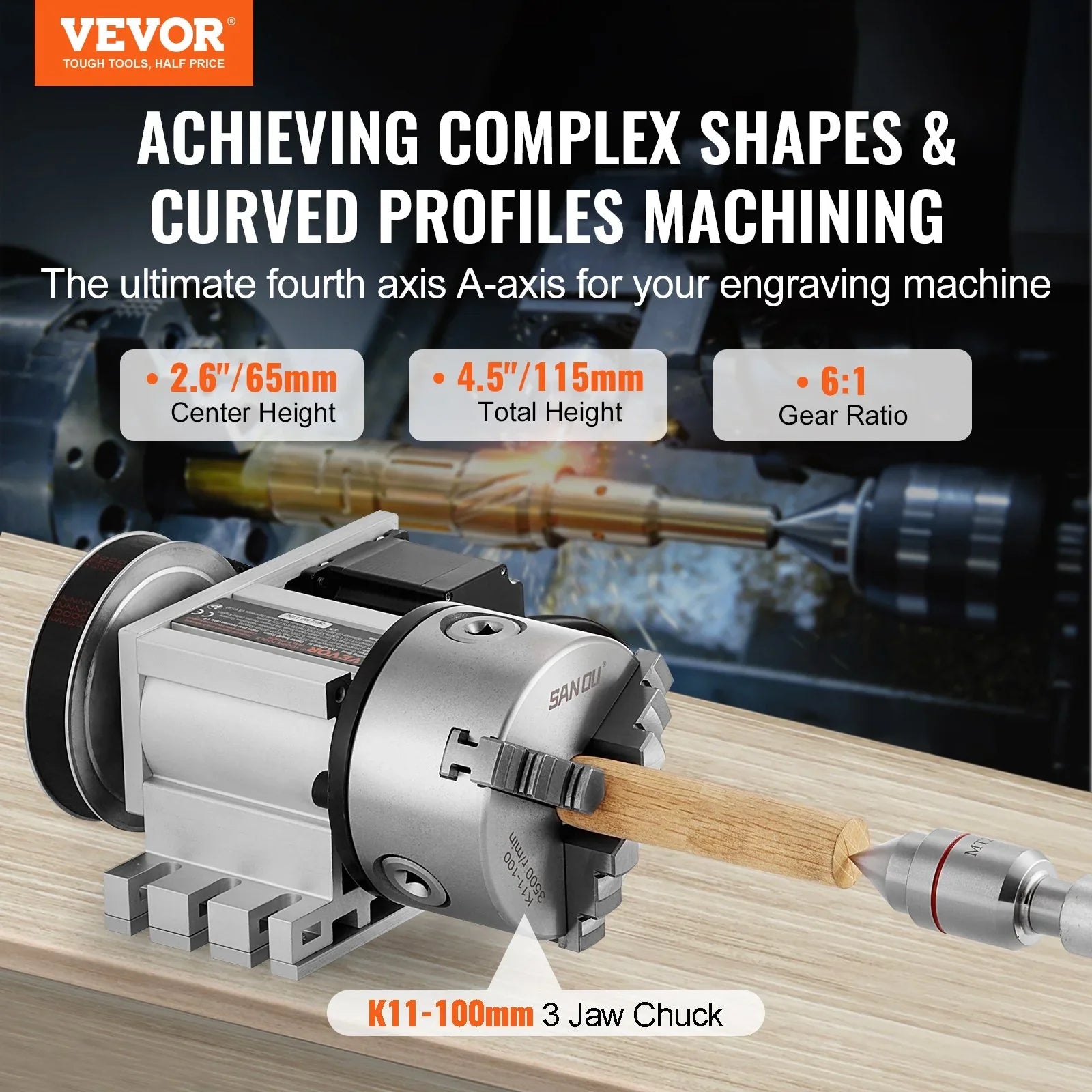 VEVOR Dividing Head 100mm 3-Jaw Chuck CNC 4th Axis Rotational
