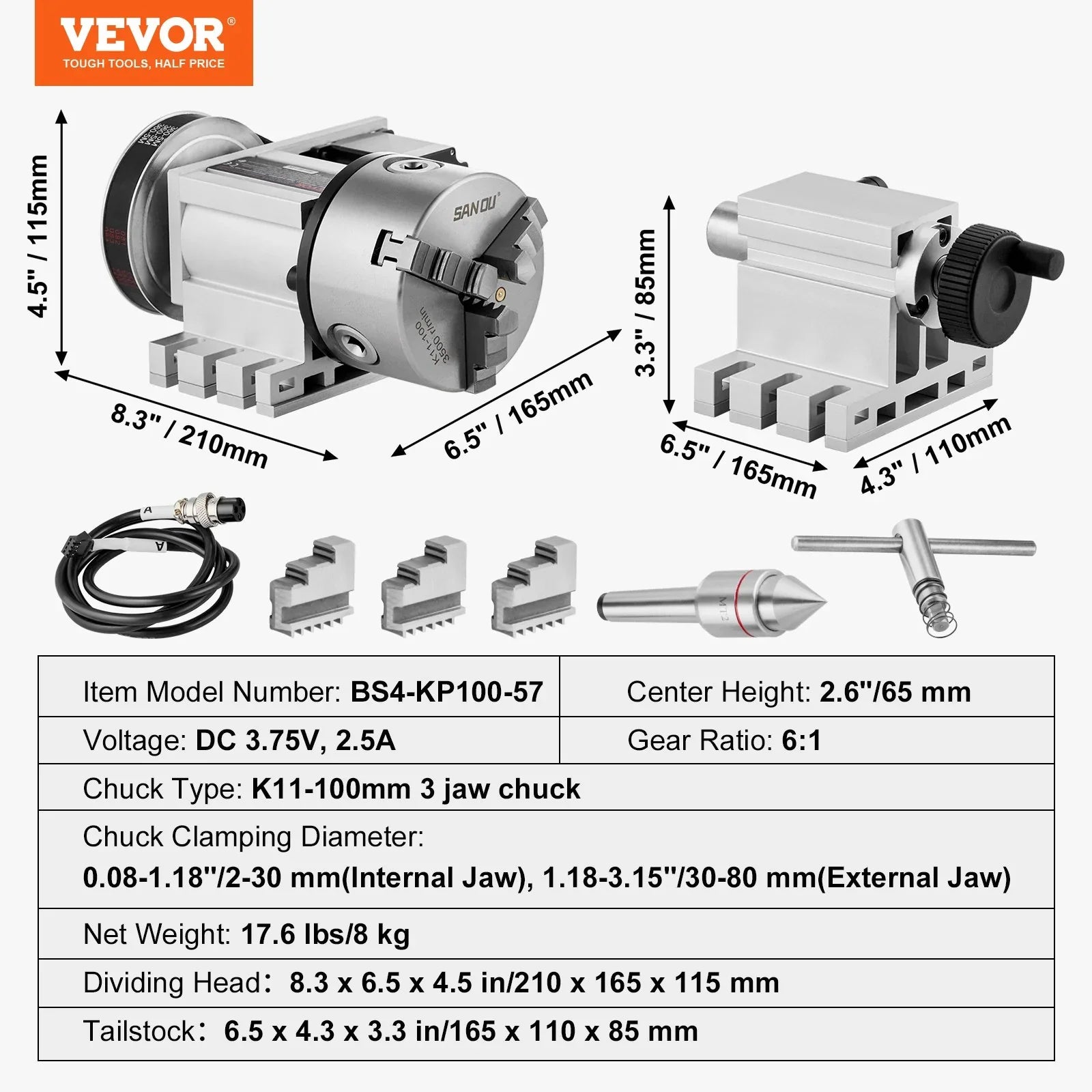 VEVOR Dividing Head 100mm 3-Jaw Chuck CNC 4th Axis Rotational