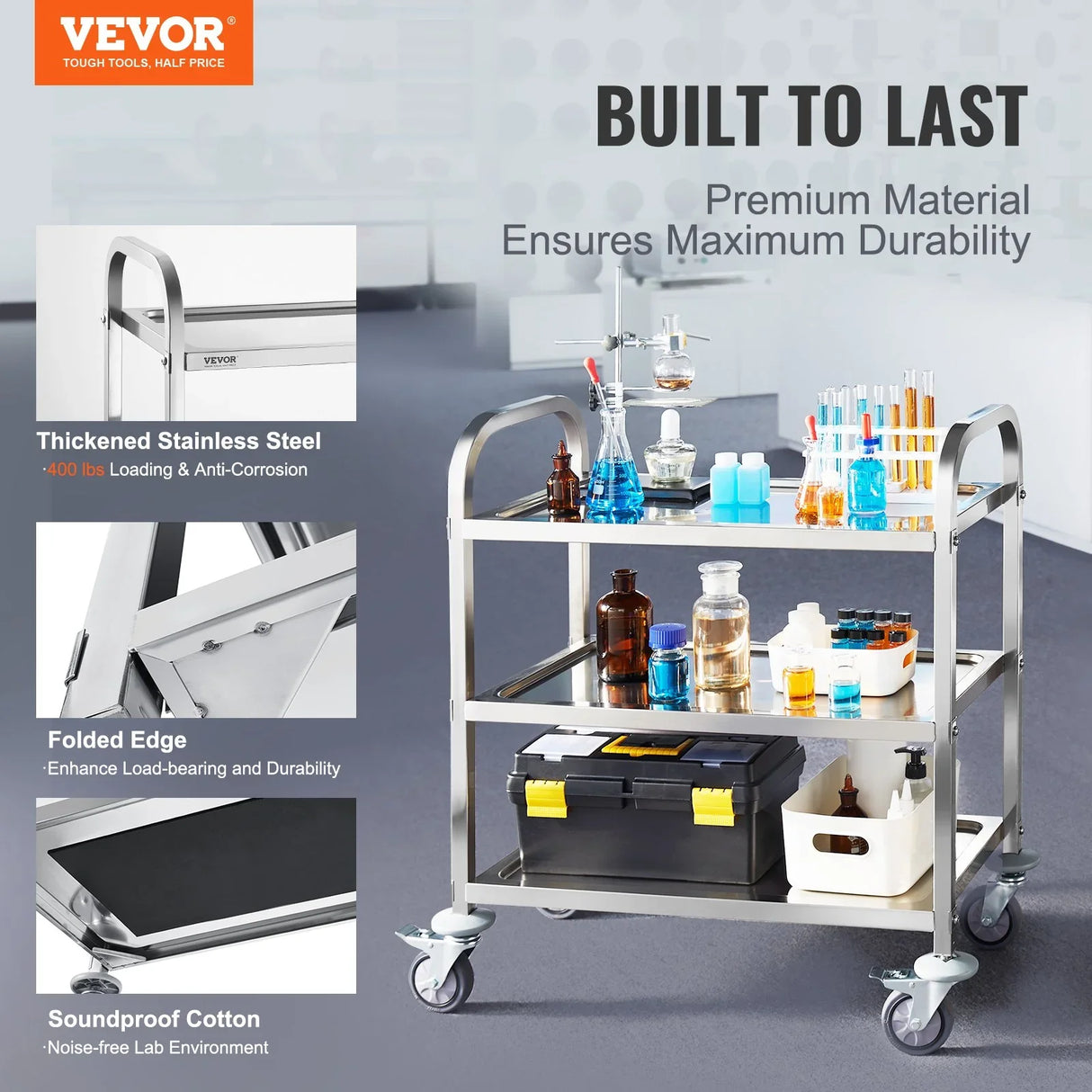 VEVOR Stainless Steel Cart, 3 Layers Lab Utility Cart 181 kg Weight Capacity, Medical Cart with Lockable Universal Wheels, for Lab, Clinic, Kitchen, Salon
