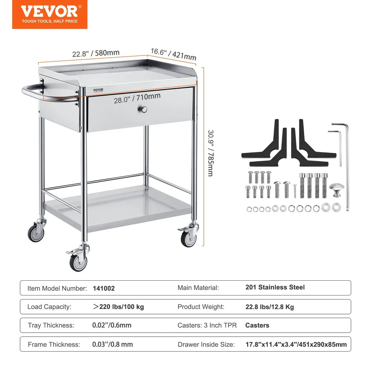 VEVOR Medical Cart, 2 Layer stainless Steel Cart100 kg Weight Capacity Utility Cart Silent Wheels and a Drawer for Lab, Clinic, kitchen, Salon