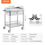 VEVOR Medical Cart, 2 Layer stainless Steel Cart100 kg Weight Capacity Utility Cart Silent Wheels and a Drawer for Lab, Clinic, kitchen, Salon