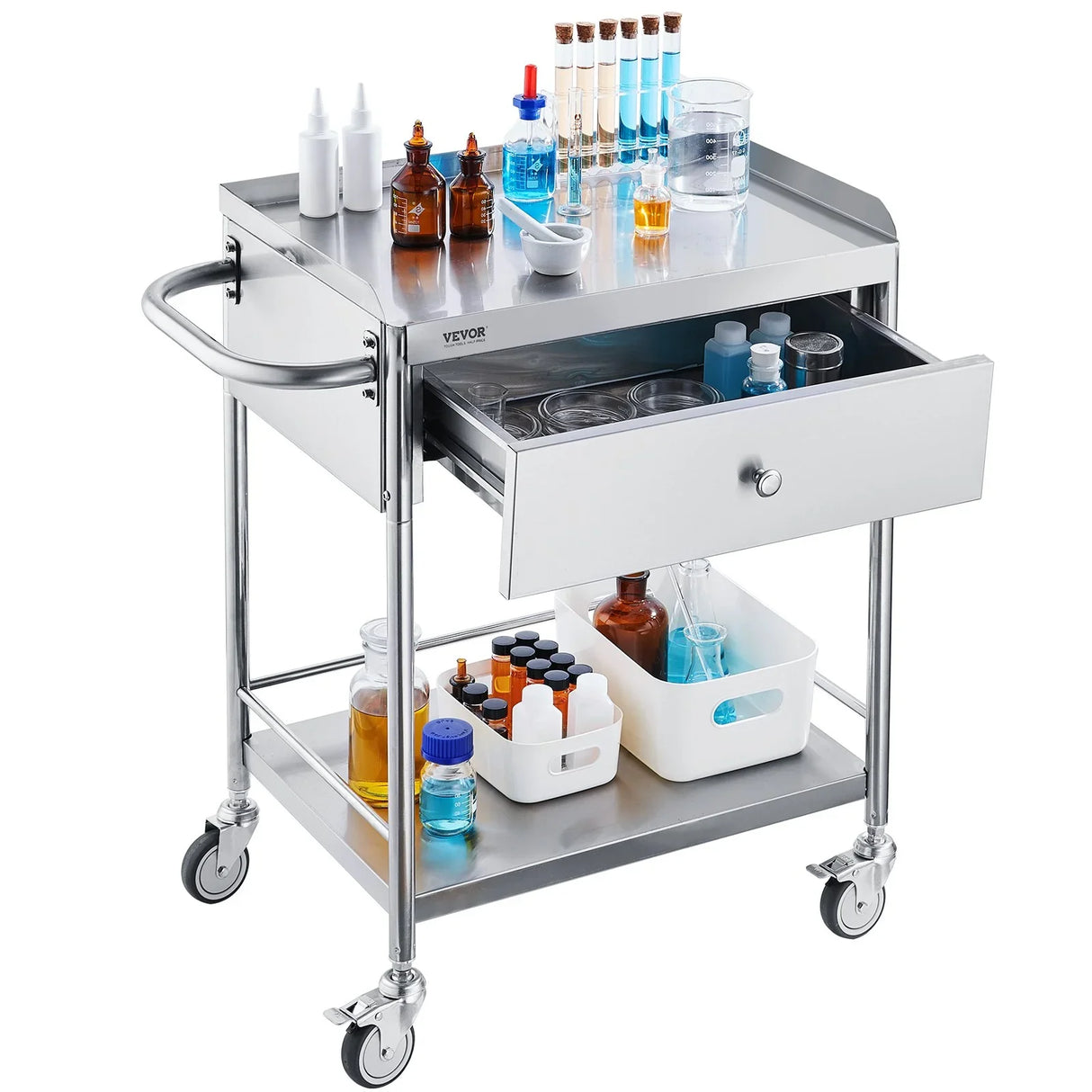 VEVOR Medical Cart, 2 Layer stainless Steel Cart100 kg Weight Capacity Utility Cart Silent Wheels and a Drawer for Lab, Clinic, kitchen, Salon