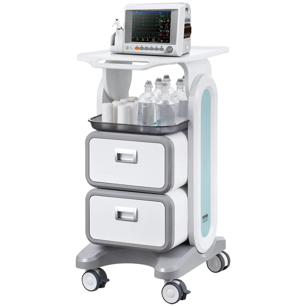 VEVOR 3 Tiers Lab Carts, Lab Utility Cart with 2 Drawers & 1 Top Tray, Mobile Medical Cart with ABS Material, Lab Rolling Cart with 4 Silent Wheels for Lab, Clinic, Hospital, Salon, White