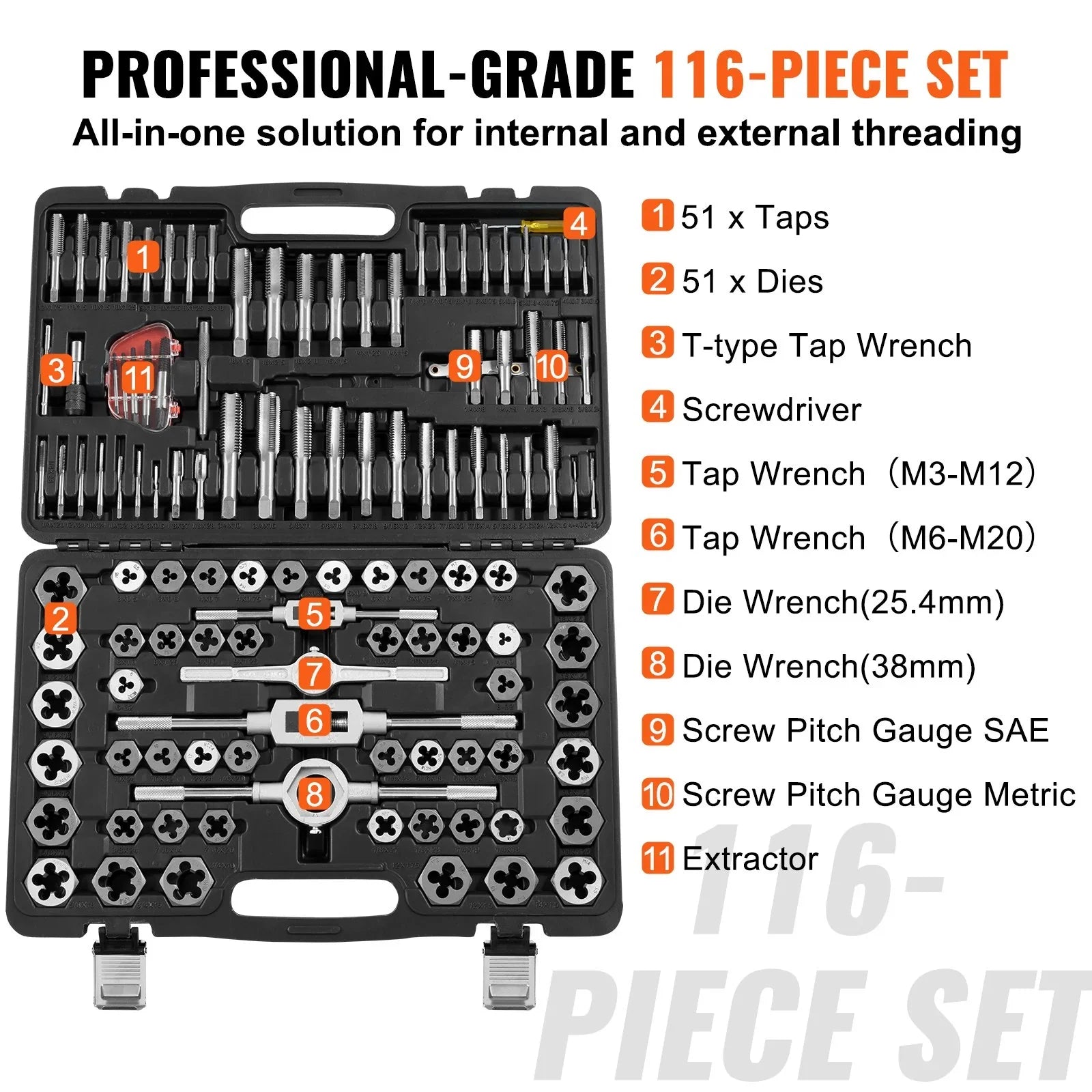 VEVOR 116pc Tap and Die Set Metric SAE Bearing Steel Threading