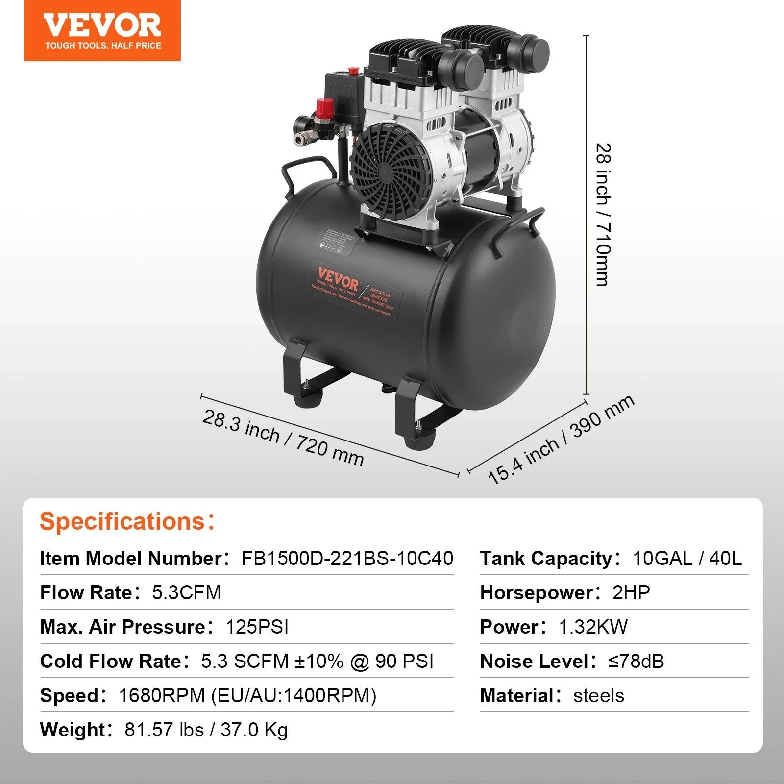 VEVOR 40L Air Compressor Portable Oil-Free 90 PSI Workshop