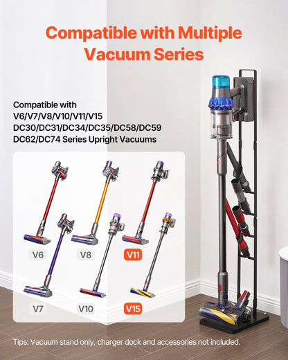 Vacuum stand holding cordless stick vacuum with attachments, compatible with V6 V7 V8 V10 V11 V15.
