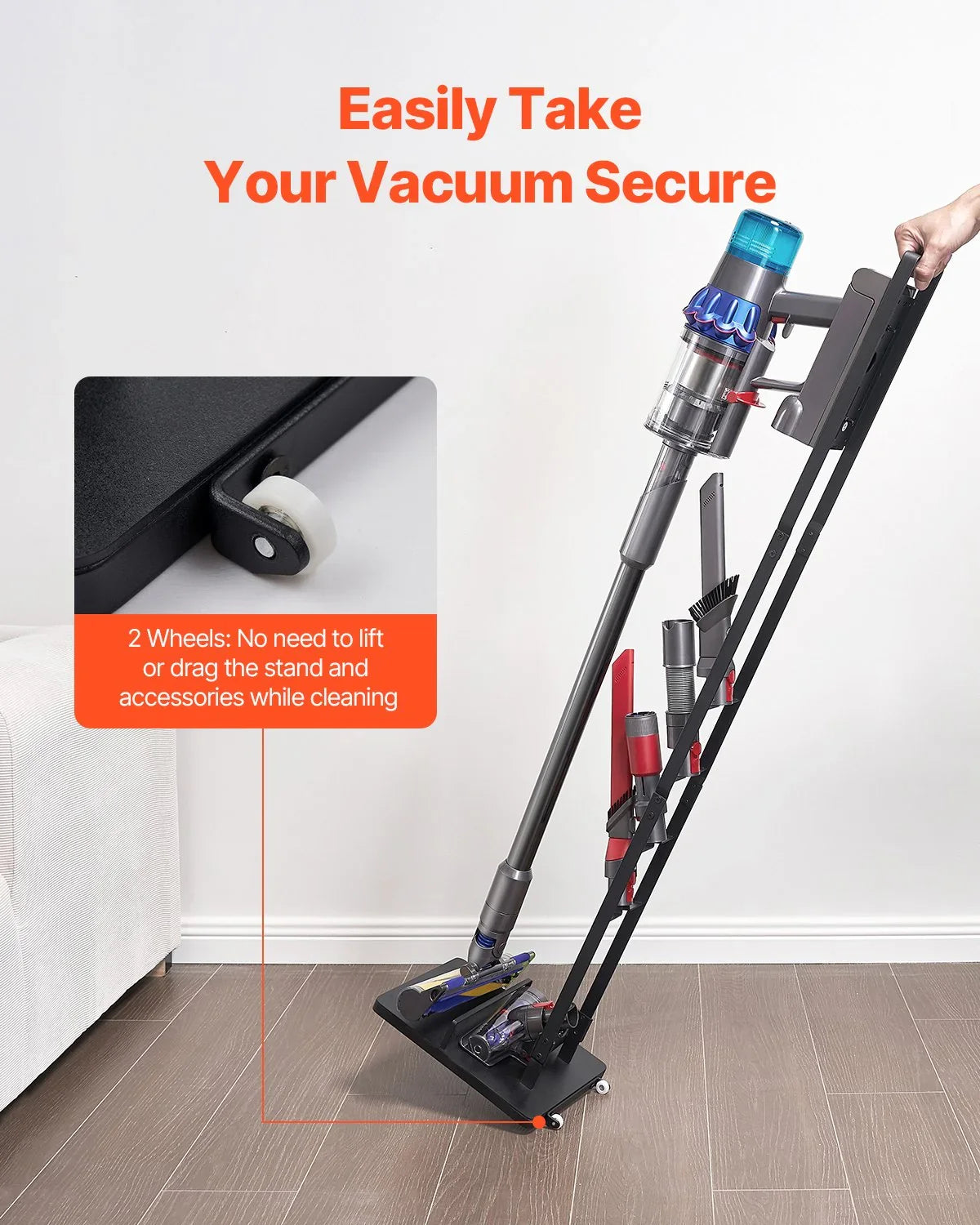 Cordless vacuum cleaner on wheeled stand organizer with cleaning accessories, wood floor