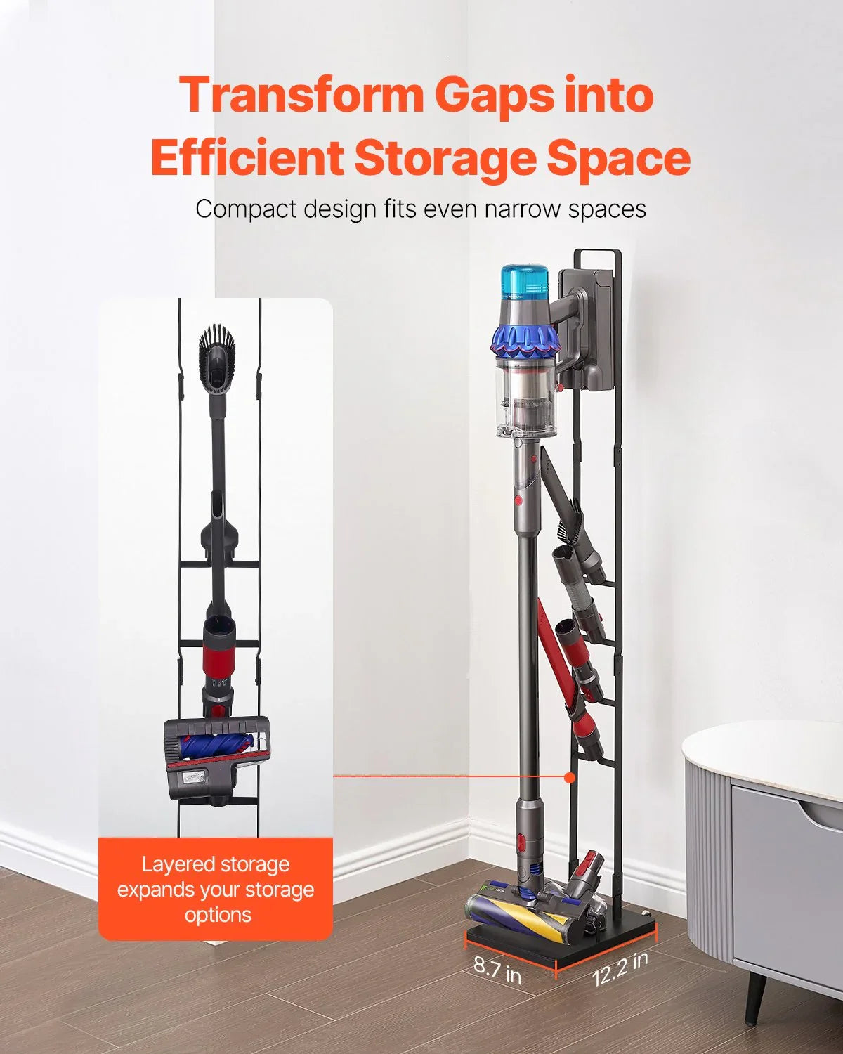 Vacuum cleaner stand with multiple attachments in a corner, compact storage solution display