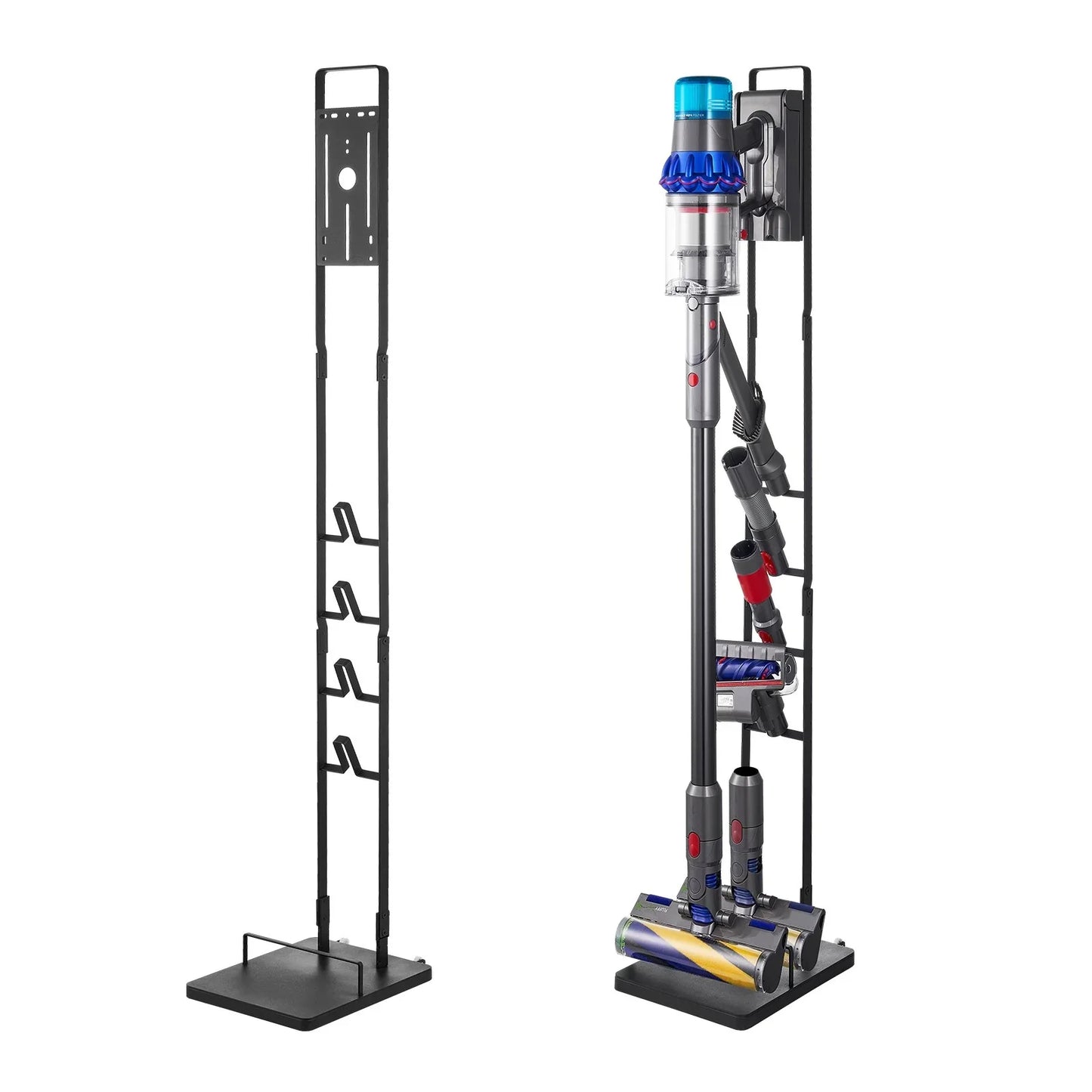 Vacuum cleaner stand organizer, holds cordless vacuum and multiple attachments, black metal