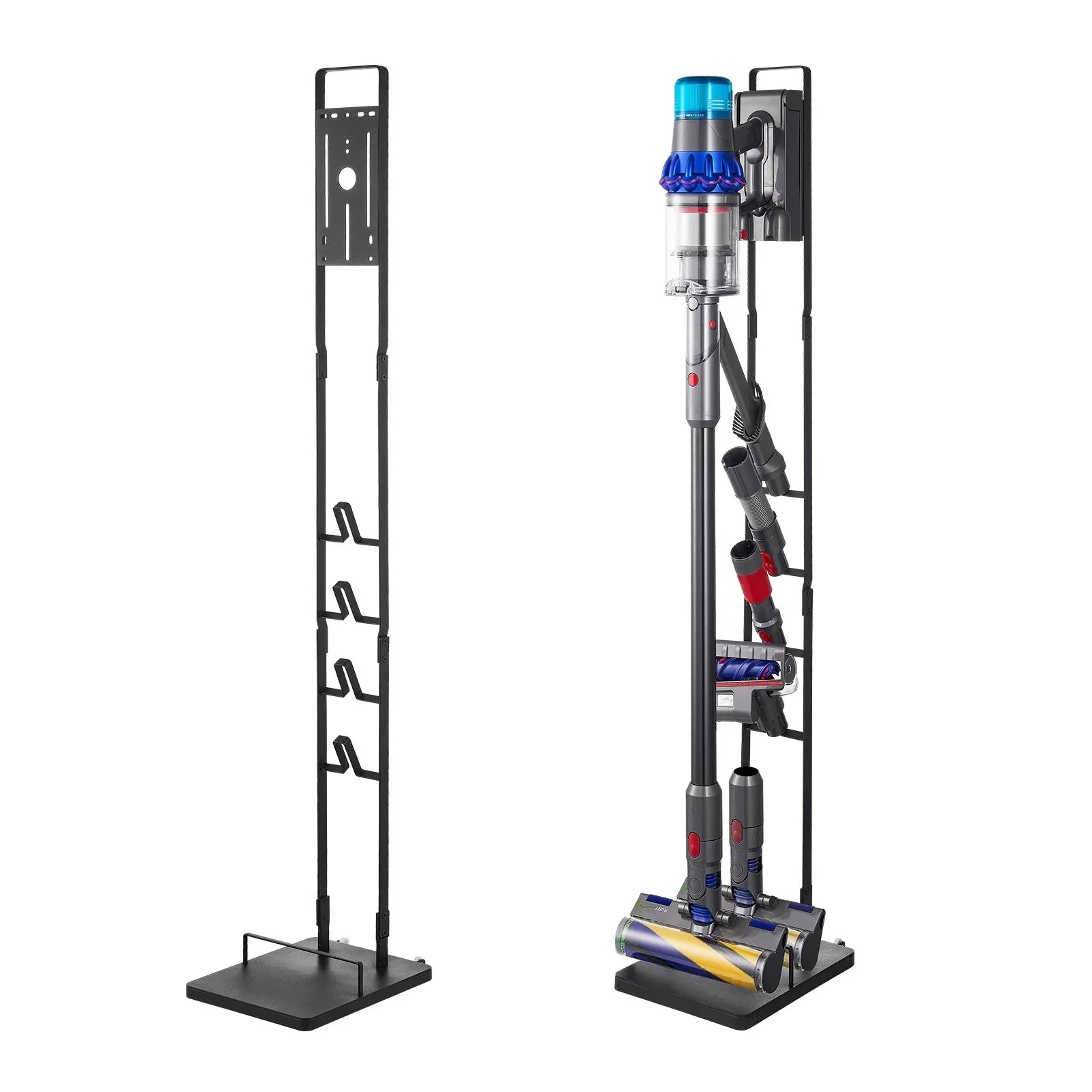 Vacuum cleaner stand organizer, holds cordless vacuum and multiple attachments, black metal