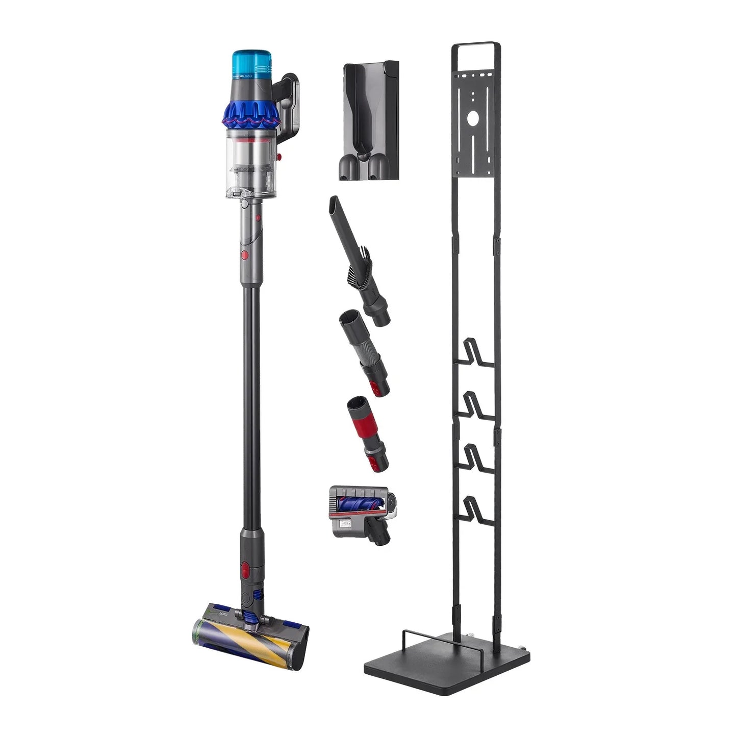 Cordless stick vacuum cleaner set with attachments, wall mount, and black stand