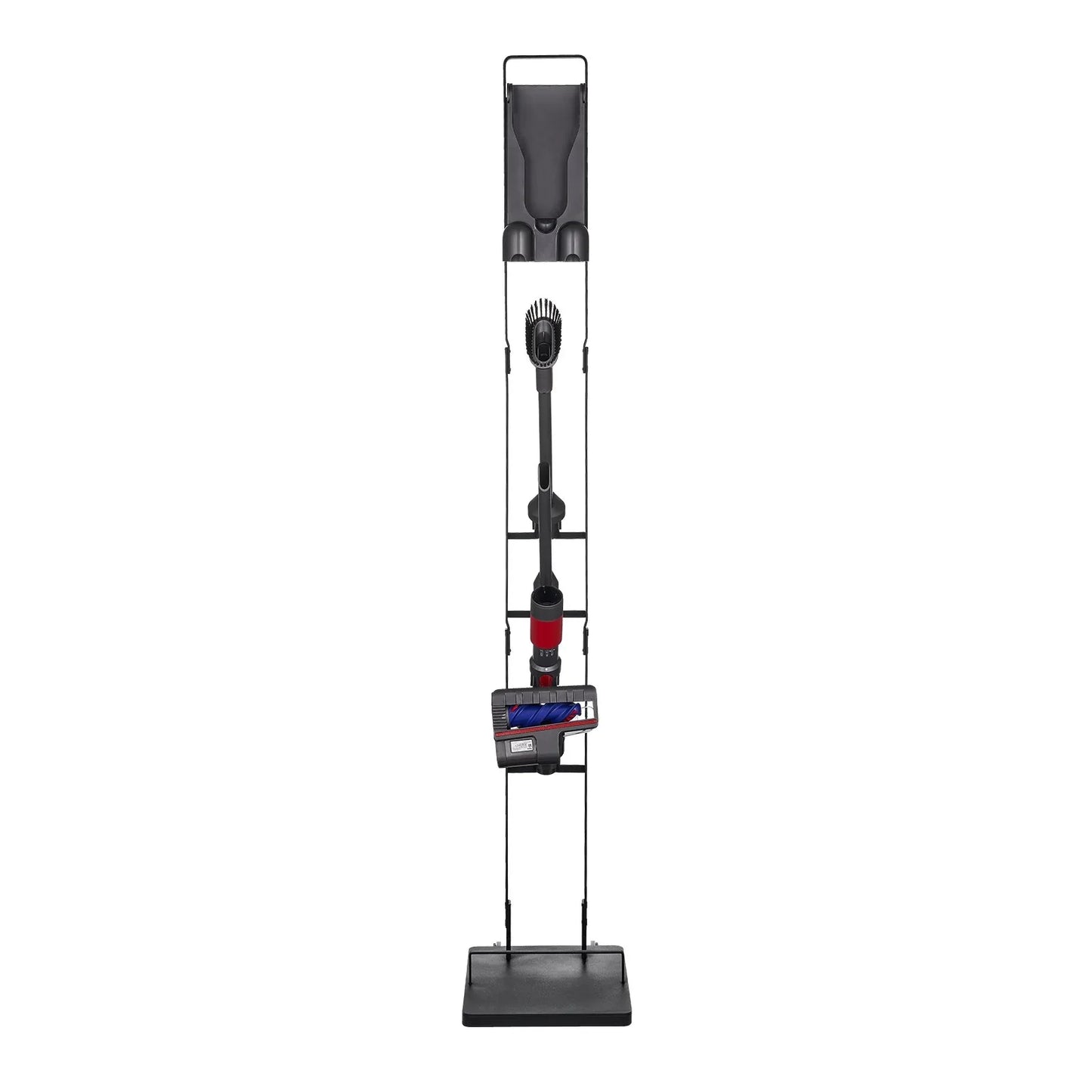 Cordless vacuum cleaner on a black stand, upright with attachment and red accents