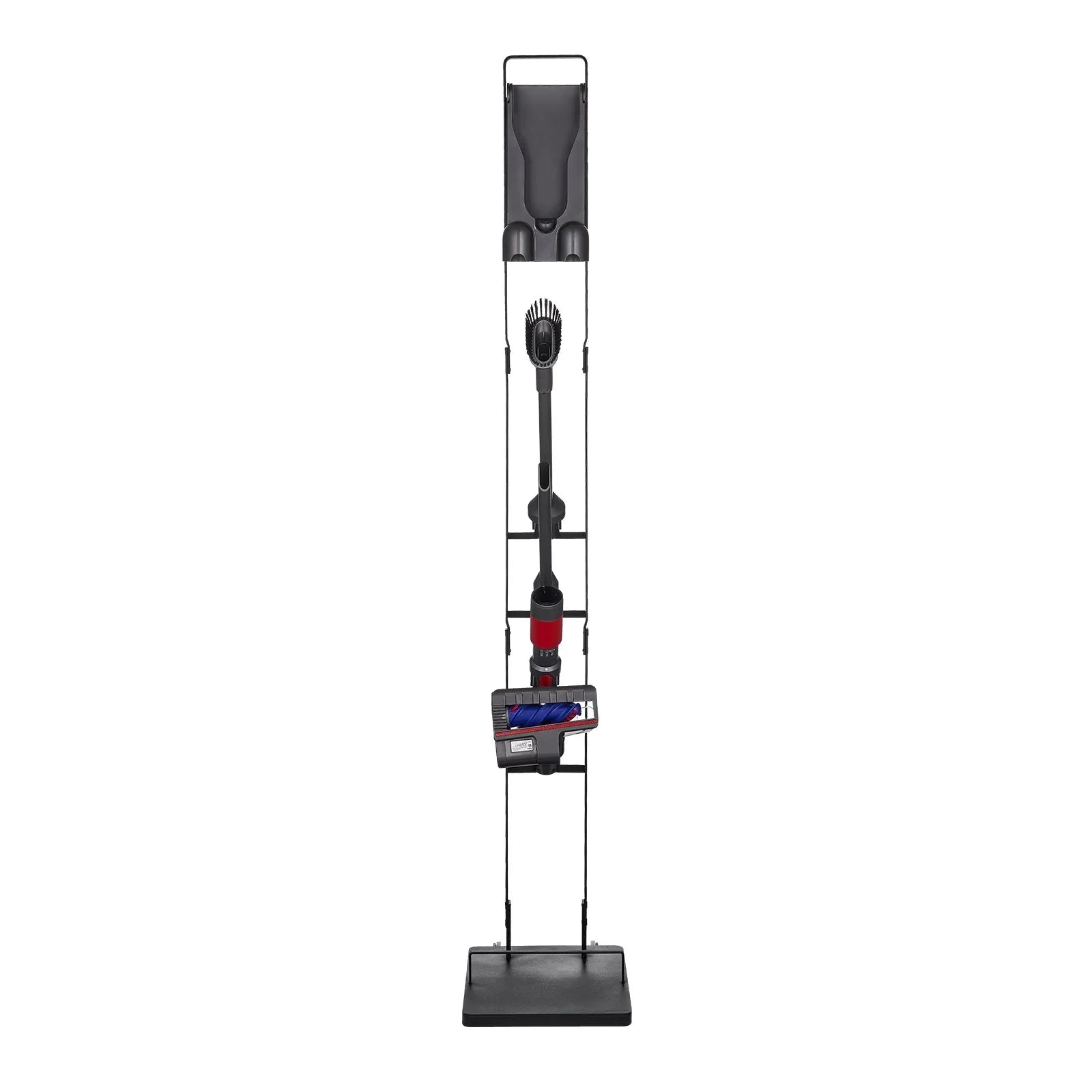 Cordless vacuum cleaner on a black stand, upright with attachment and red accents