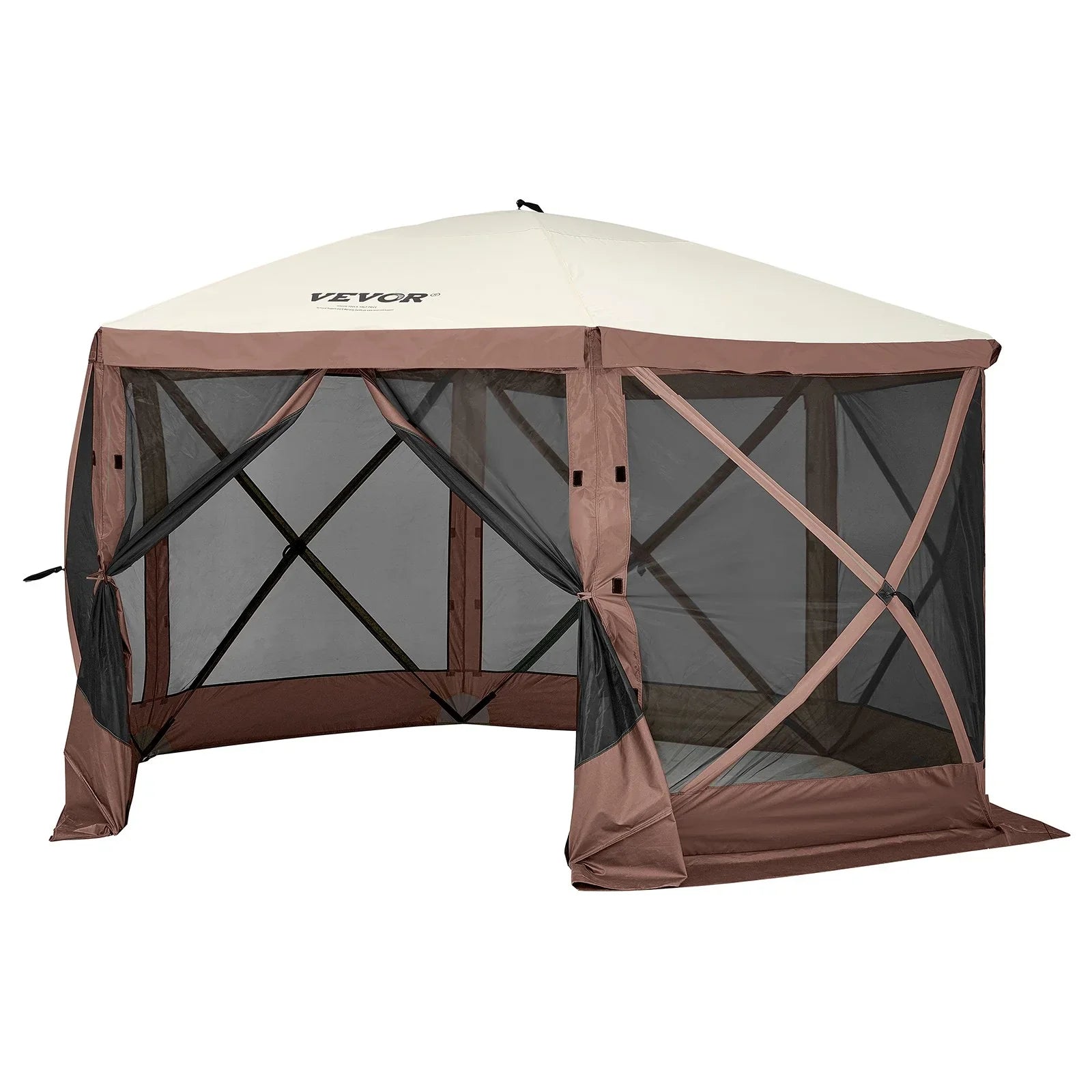 VEVOR Pop Up Gazebo Tent 6 Sided Screen 11.5x11.5ft Mosquito Netting Brown
