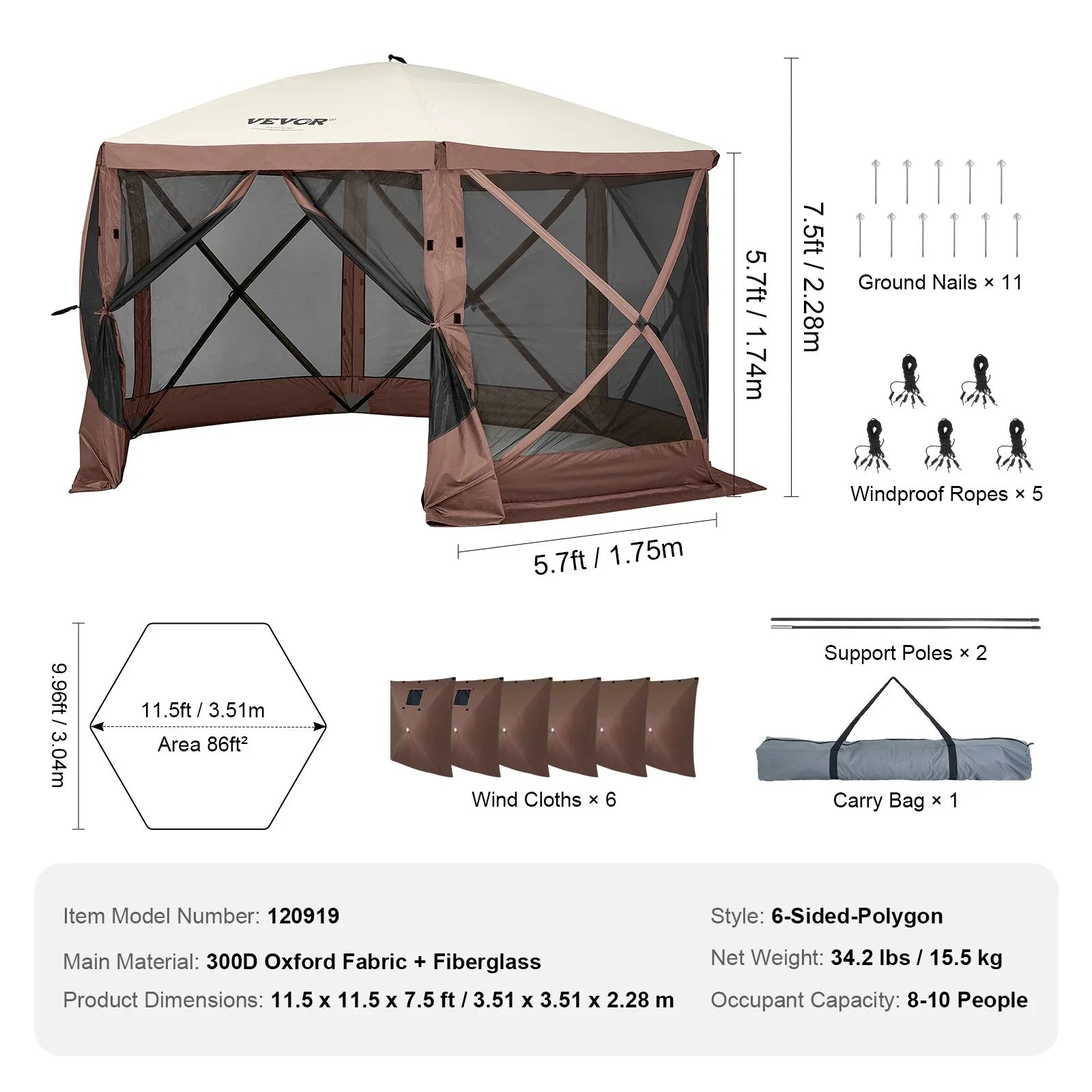 VEVOR Pop Up Gazebo Tent 6 Sided Screen 11.5x11.5ft Mosquito Netting Brown