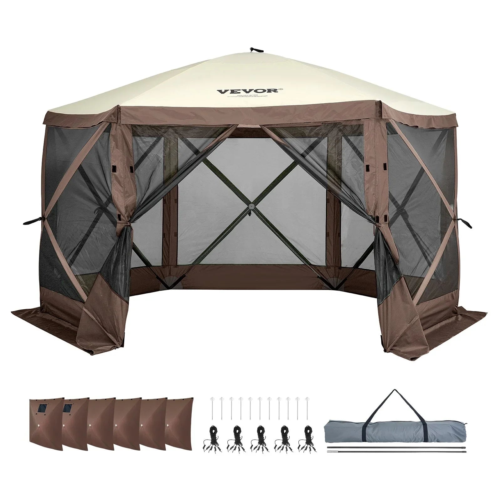 VEVOR Pop Up Gazebo Tent 6 Sided Screen 11.5x11.5ft Mosquito Netting Brown