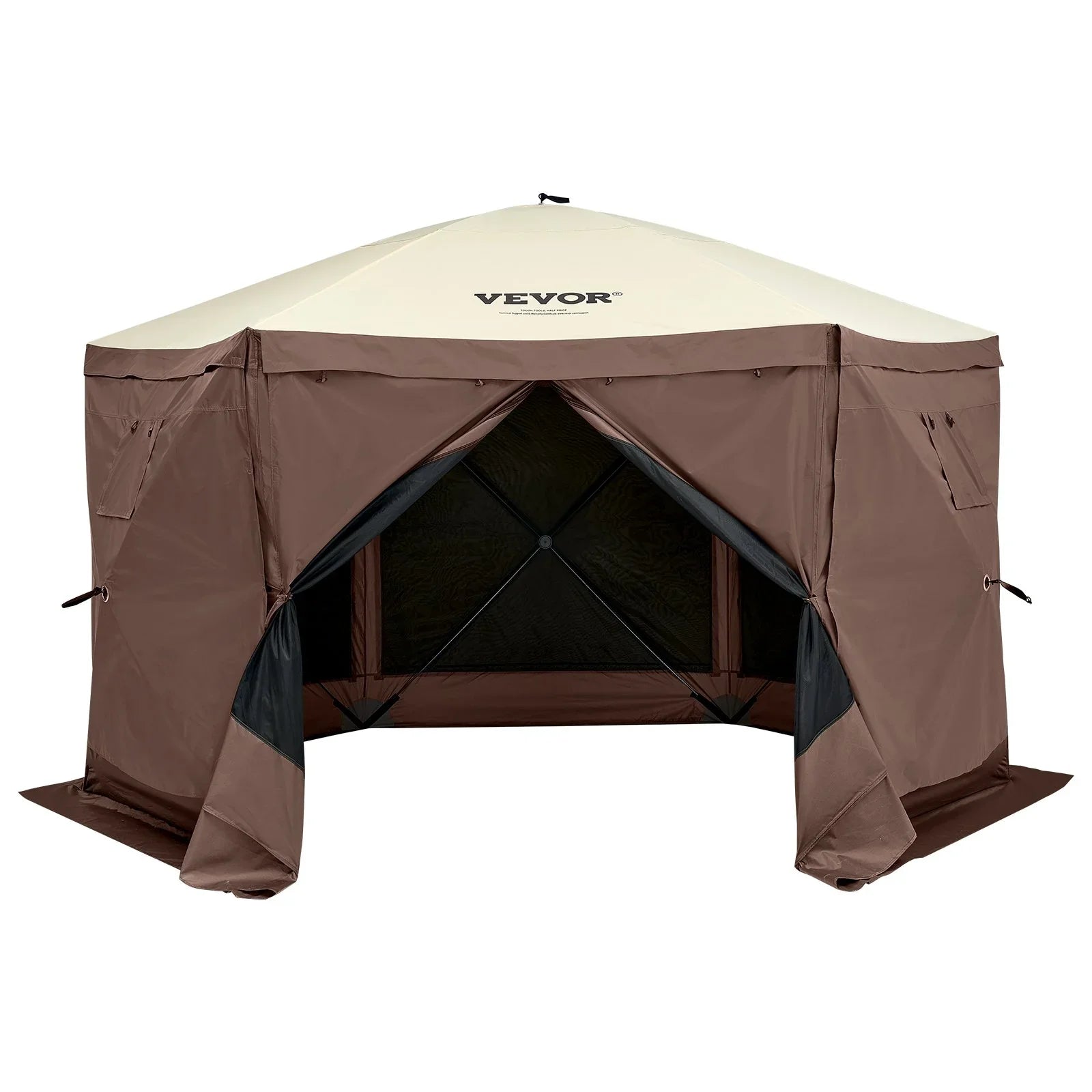 VEVOR Pop Up Gazebo Tent 6 Sided Screen 11.5x11.5ft Mosquito Netting Brown