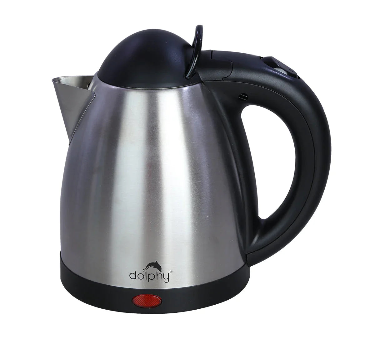 DolphY stainless steel electric kettle with black handle and lid on white background