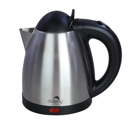 DolphY stainless steel electric kettle with black handle and lid on white background
