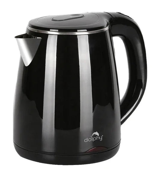 Black Dolphy electric kettle with stainless steel spout and large handle on white background