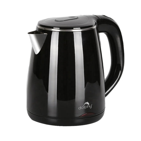 Black Dolphy electric kettle with sleek stainless steel spout and curved handle