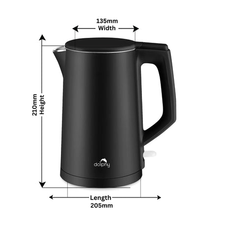 Black electric kettle with handle and spout, dimensions labeled 210mm height, 135mm width, 205mm length