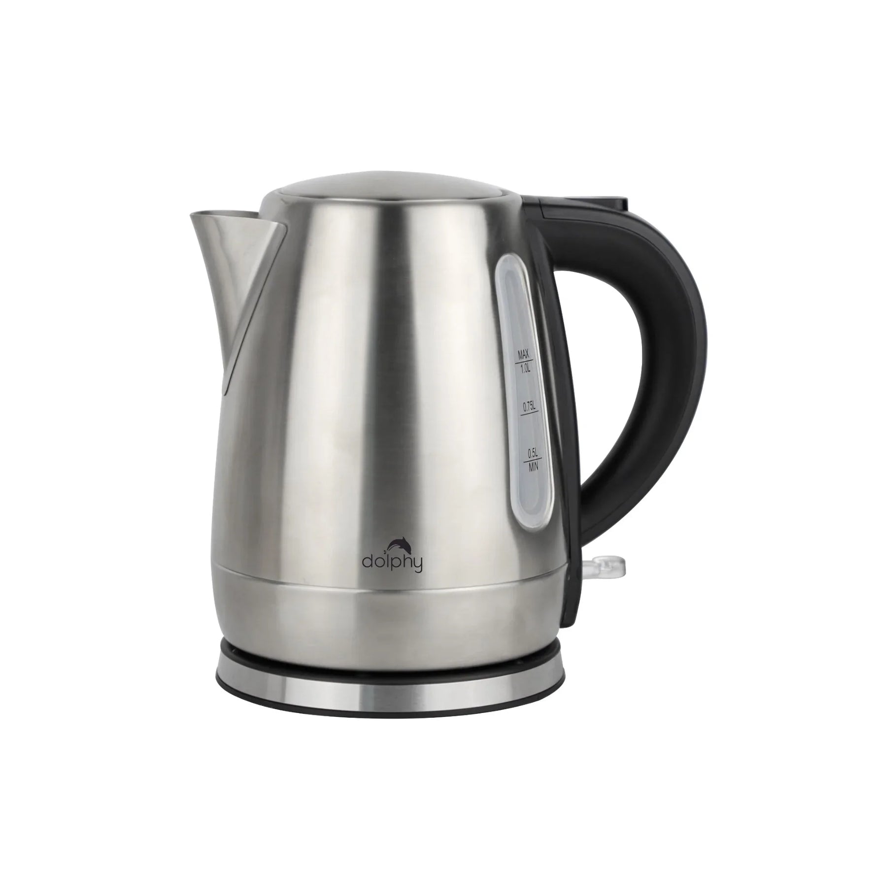 Stainless steel Dolphy electric kettle with black handle and water level indicator on white background