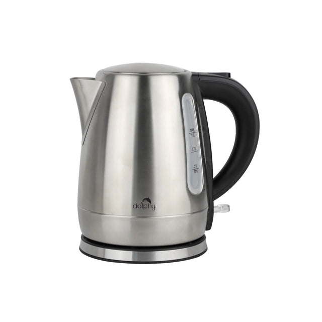 Stainless steel Dolphy electric kettle with black handle and water level indicator on white background