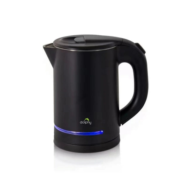 Black Dolphy electric kettle with blue LED indicator on white background