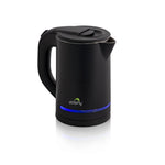 Black electric kettle with handle and blue LED indicator light on white background