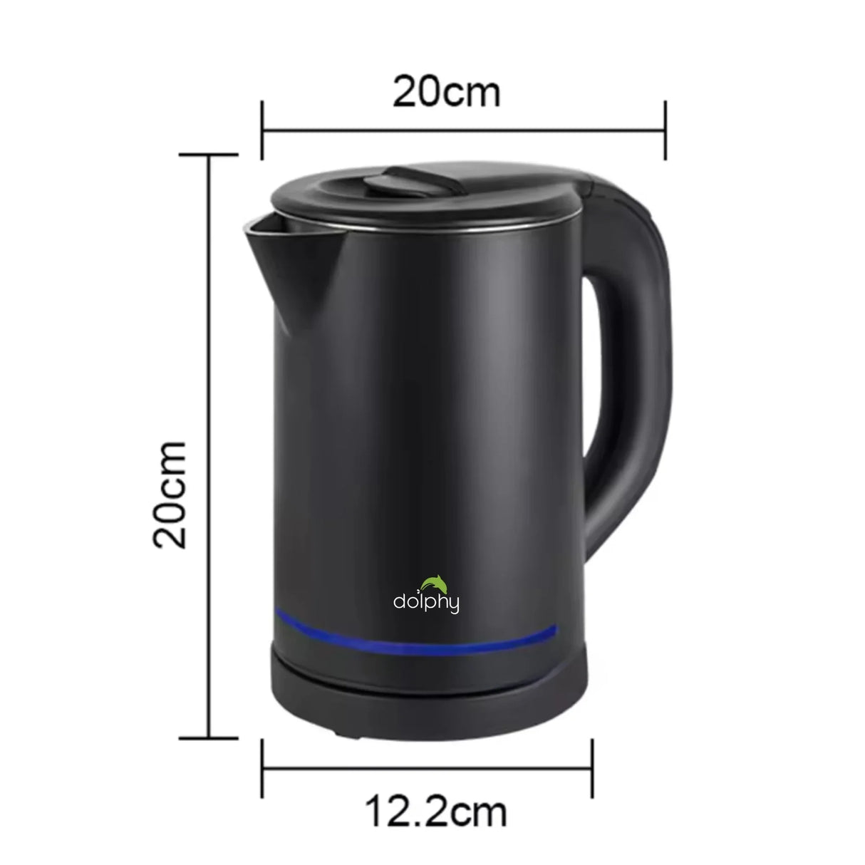 Black electric kettle with handle, lid, spout, and blue LED light, measuring 20x12.2 cm